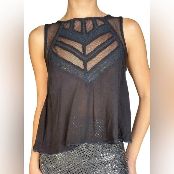 FREE PEOPLE CHEVRON HERRINGBONE ILLUSION LACE BLACK TANK TOP SMALL - Picture 1 of 6